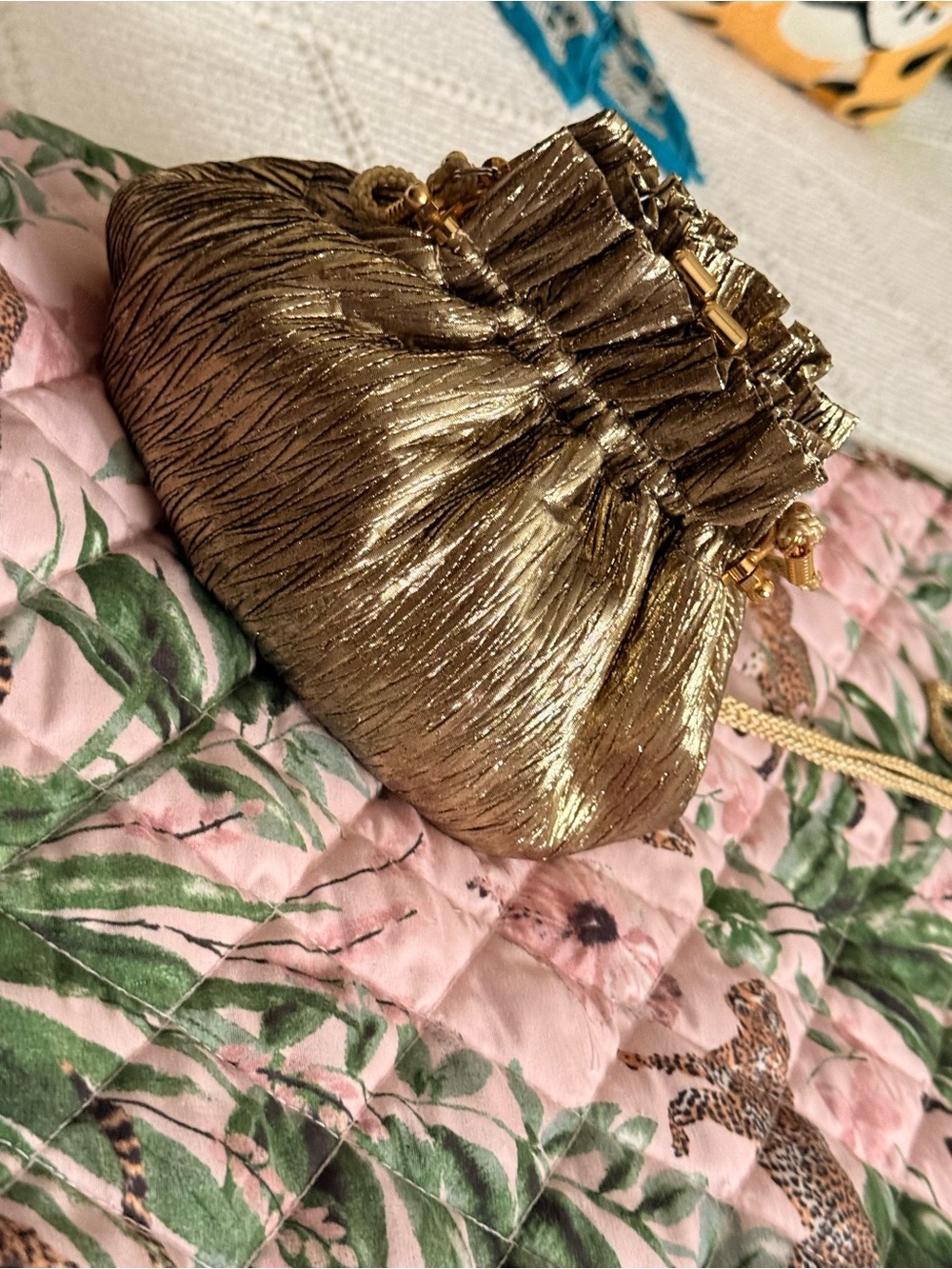 Metallic Gold Gathered Drawstring Evening Bag